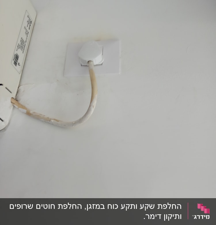 שקע חשמל עם תקע מחובר לקיר לבן